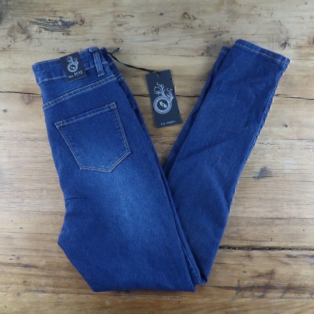 B.O.B SKINNY HIGH WAIST STRETCH DISTRESSED DARK WASH BLUE JEANS 